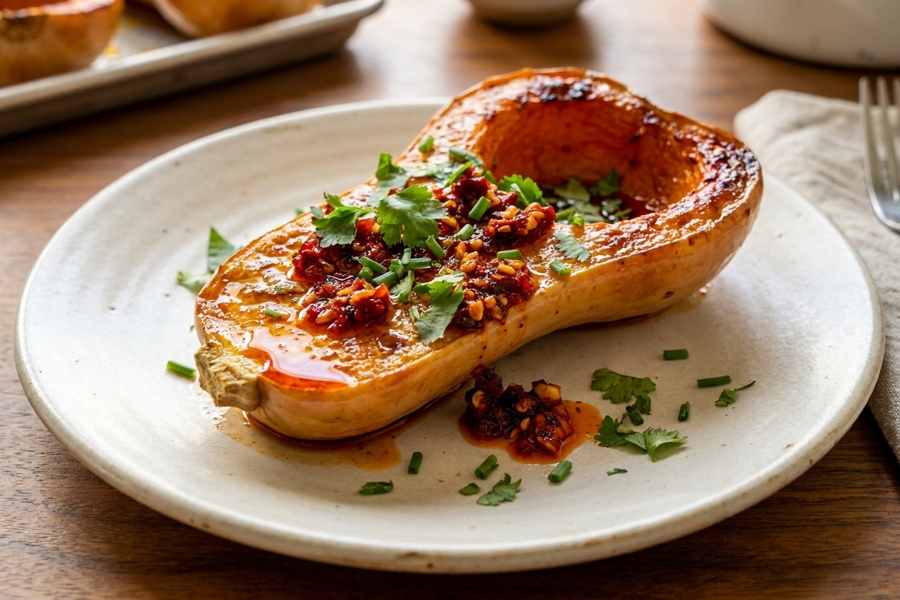 A plated serving of roasted honeynut squash topped with chili crisp and chopped herbs on a simple ceramic plate at a dinner table