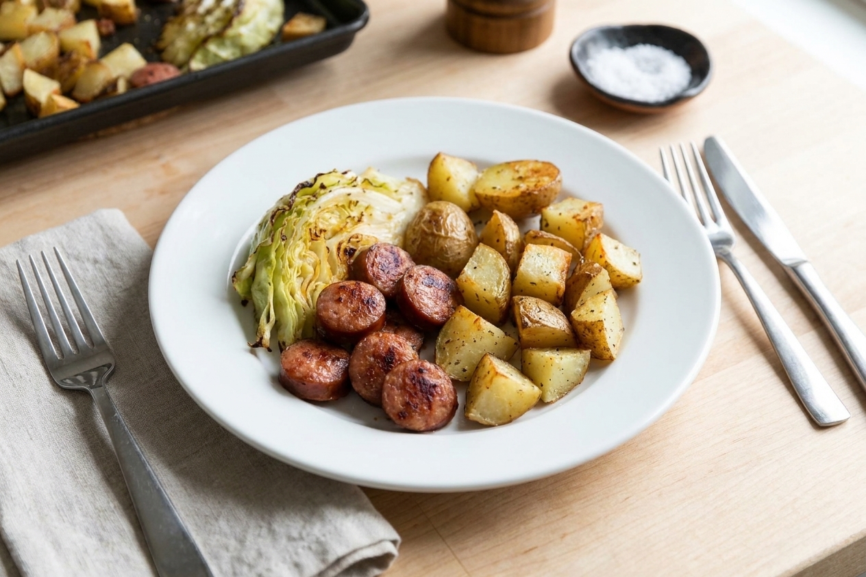 A plated serving of roasted kielbasa, caramelized cabbage, and potatoes on a white dinner plate at a simple wooden table setting