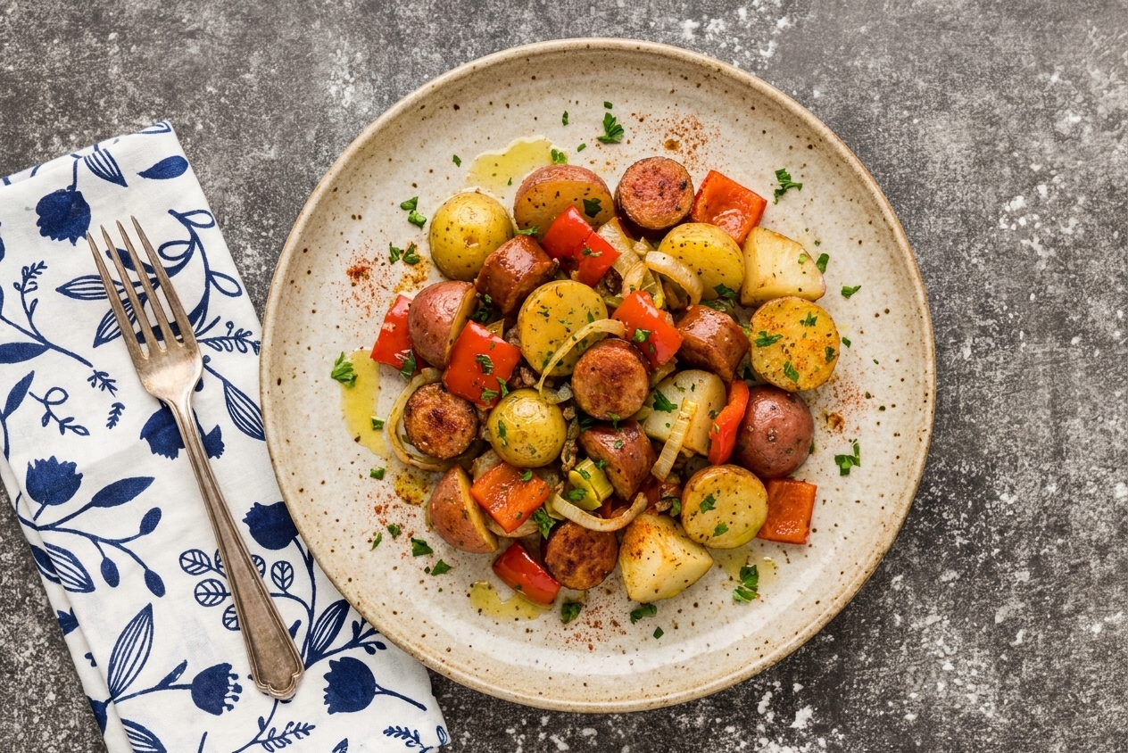 A plated serving of roasted sausage and potatoes with peppers and onions on a ceramic plate