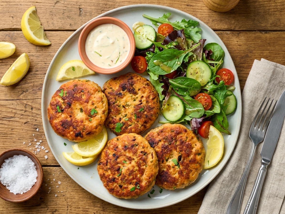 A plated serving of salmon patties with a side salad and lemon wedges set on a simple dinner table