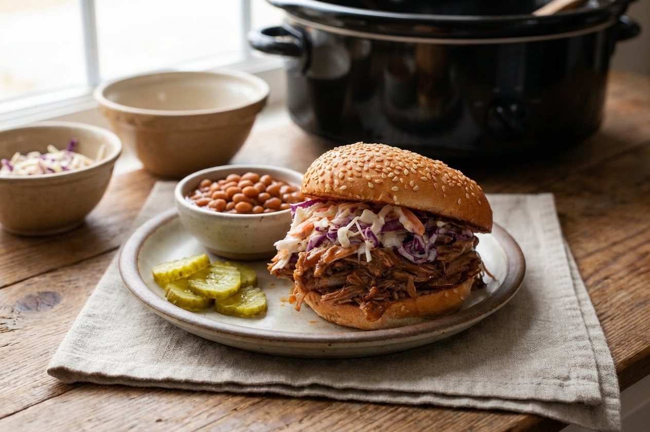 A plated serving of saucy pulled pork on a bun with pickles and a simple side on a dinner table with neutral linens