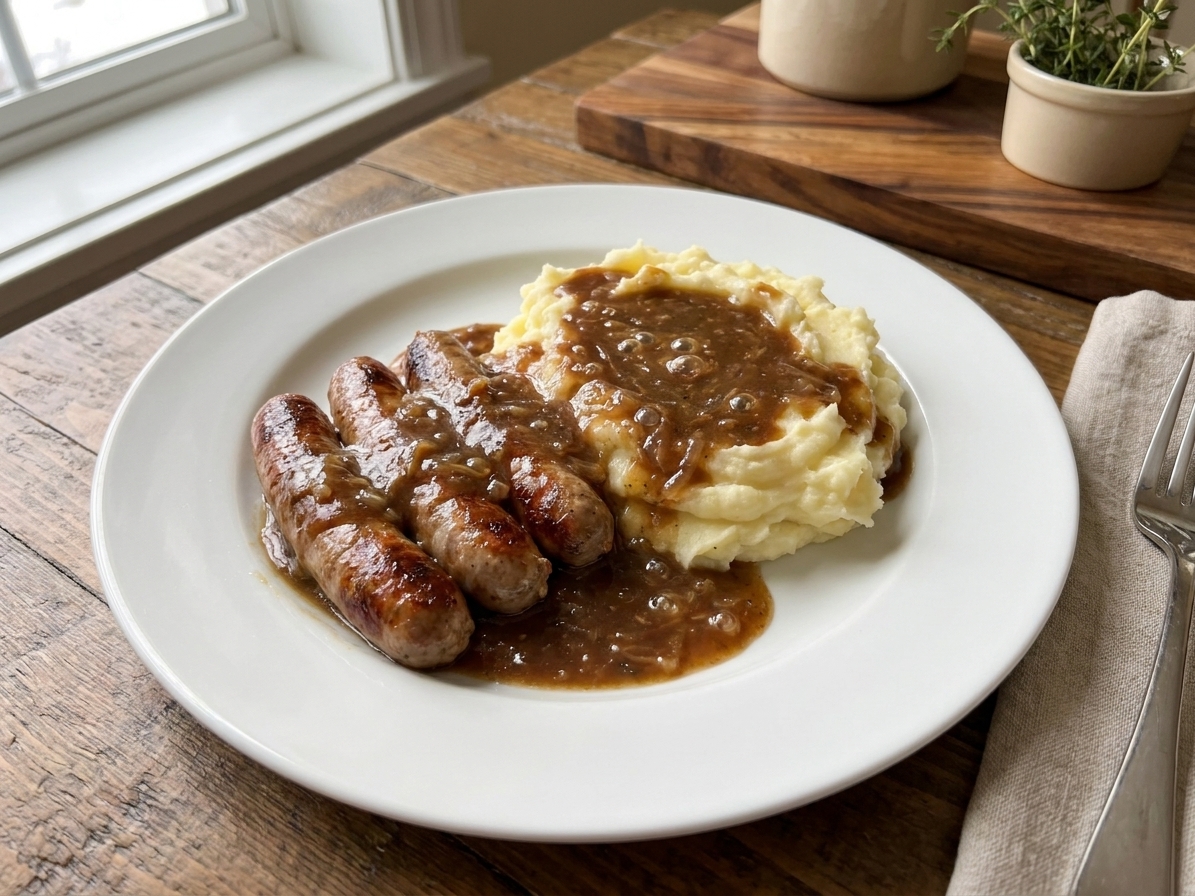 A plated serving of sausage and mash with golden-browned sausages, creamy mashed potatoes, and glossy onion gravy on a white dinner plate at a wooden table with soft window light
