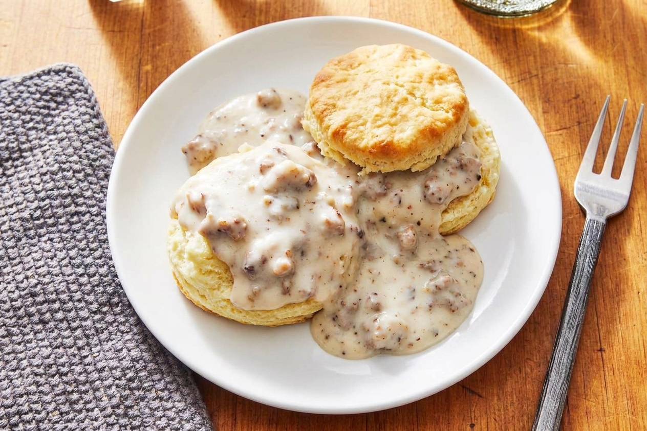 A plated serving of sausage gravy over split biscuits on a simple white plate with a fork on the side, set on a wooden table