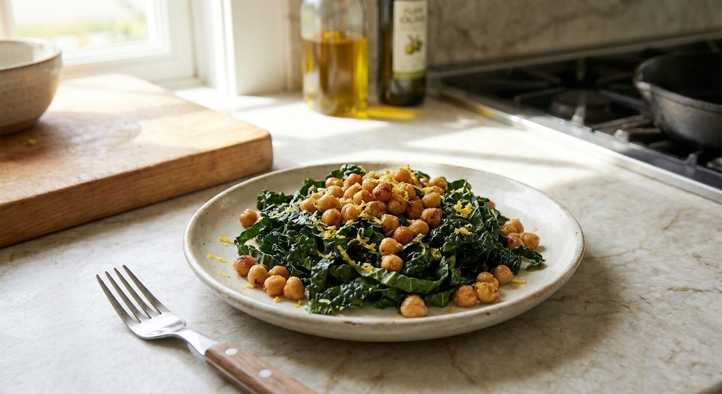 A plated serving of sautéed kale topped with crispy chickpeas and lemon zest on a ceramic plate with a fork on the side