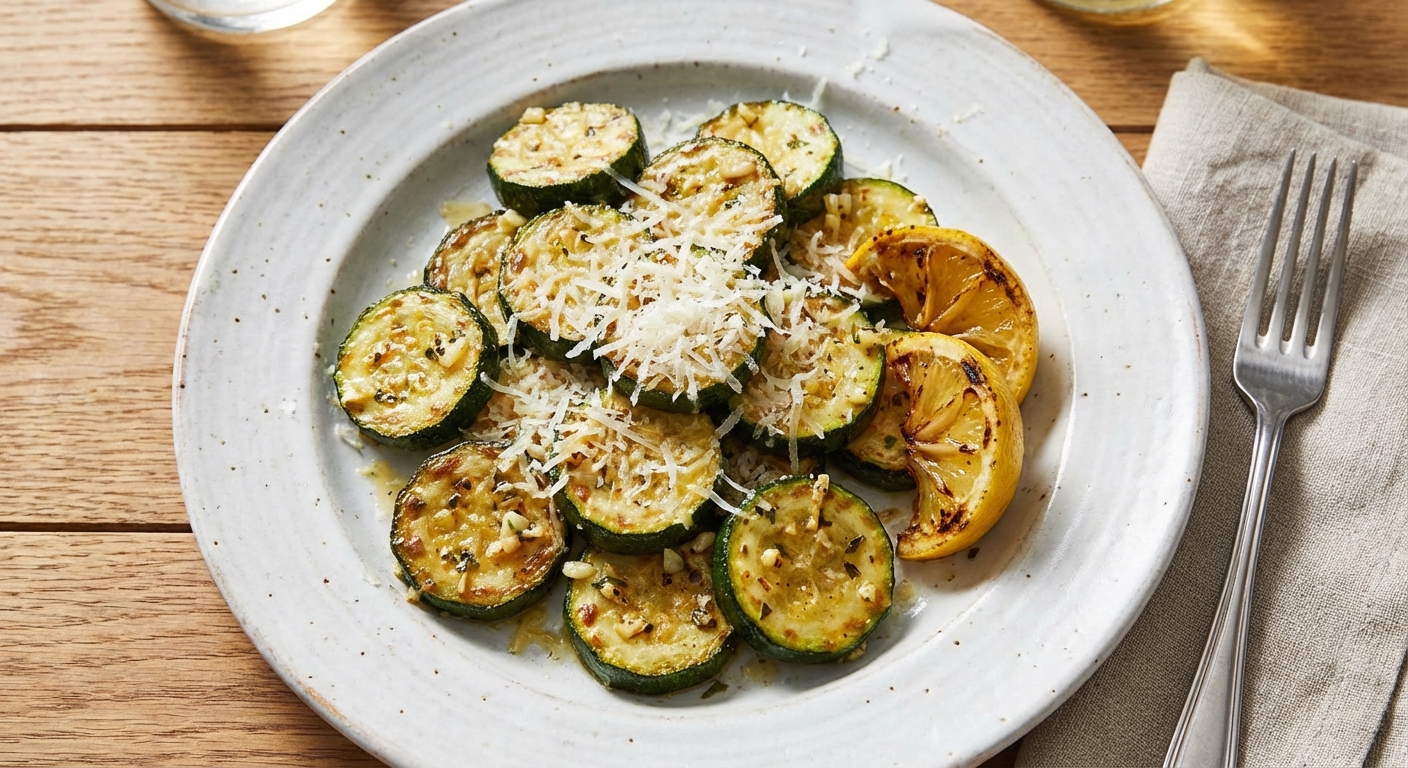 A plated serving of sautéed zucchini with lemon wedges and grated Parmesan on a white plate