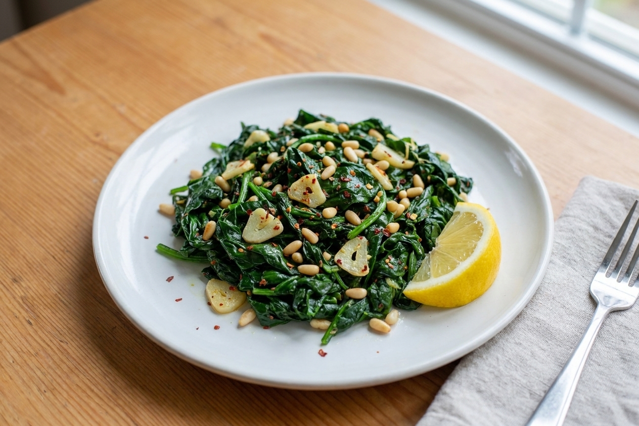 A plated serving of sauteed spinach with garlic and a lemon wedge on a simple dinner table setting