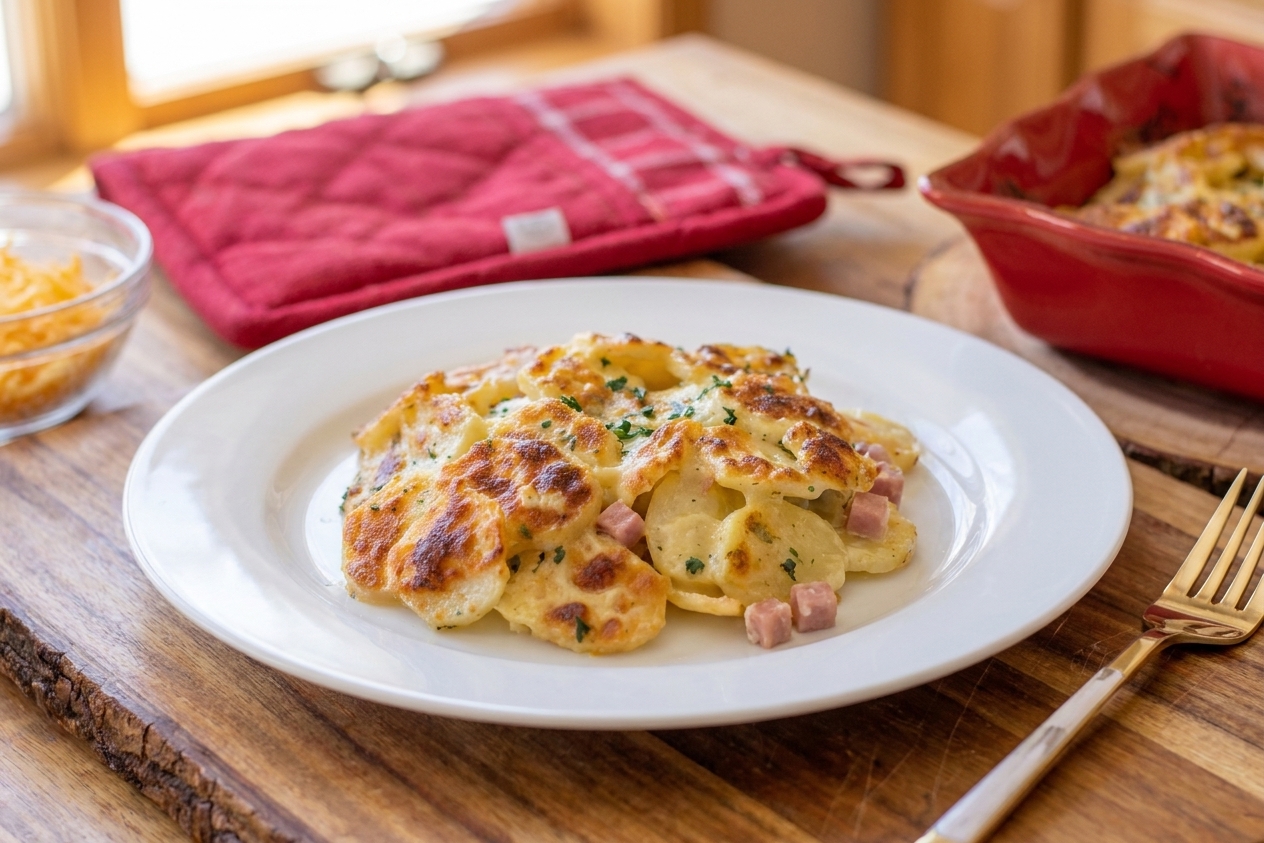 A plated serving of scalloped potatoes and ham with creamy sauce and golden edges on a simple dinner plate at a kitchen table