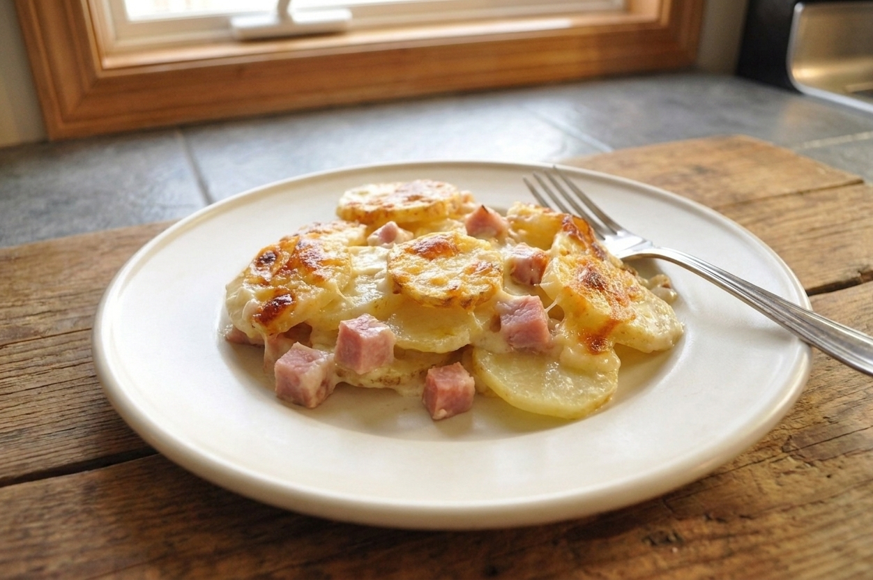 A plated serving of scalloped potatoes with ham, creamy layers visible, on a simple dinner plate with a fork on a wooden table