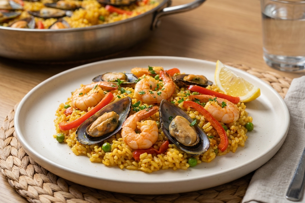 A plated serving of seafood paella with shrimp, mussels, and a lemon wedge on a simple ceramic plate at a dinner table
