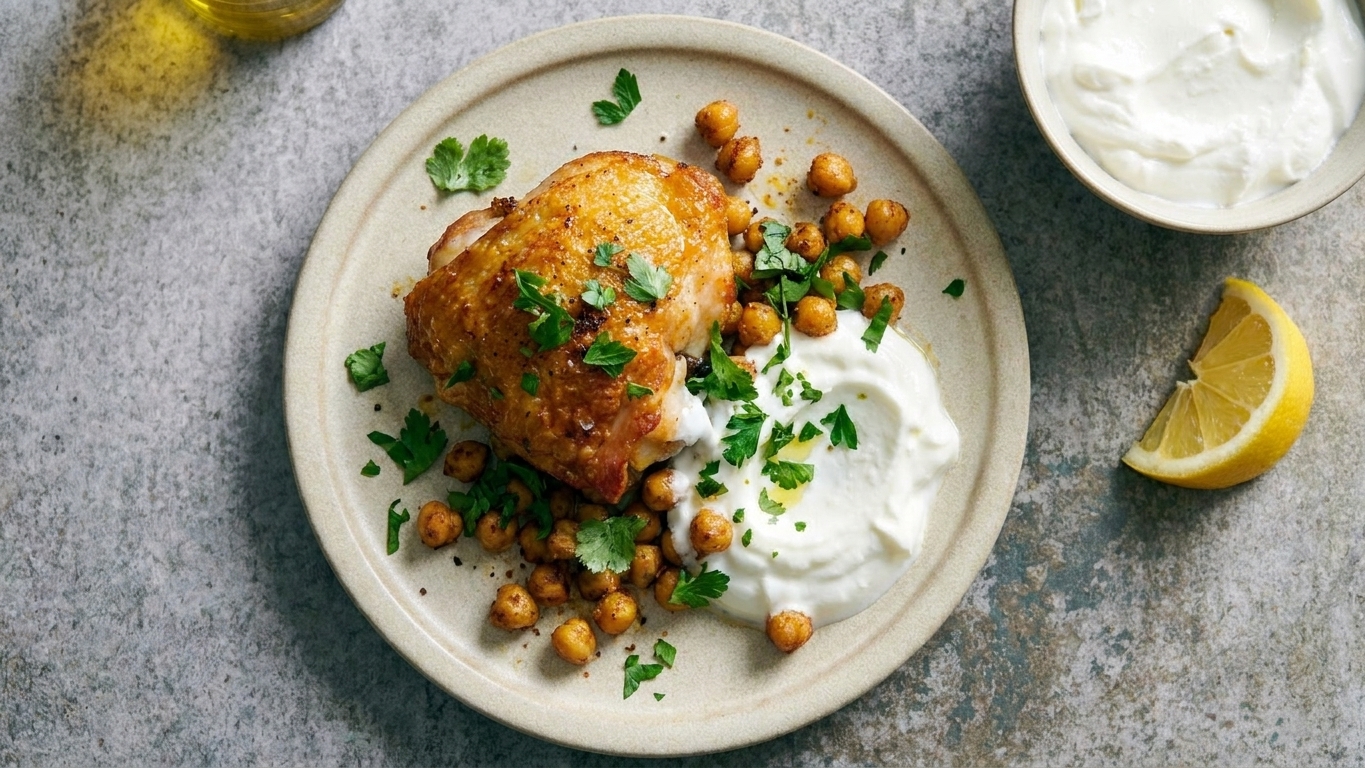A plated serving of seared chicken topped with crispy chickpeas, finished with herbs and served with a generous spoon of lemony yogurt sauce on the side