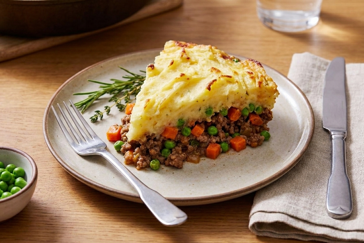 A plated serving of shepherd's pie with visible layers of savory filling and golden mashed potato topping on a dinner table with a simple place setting
