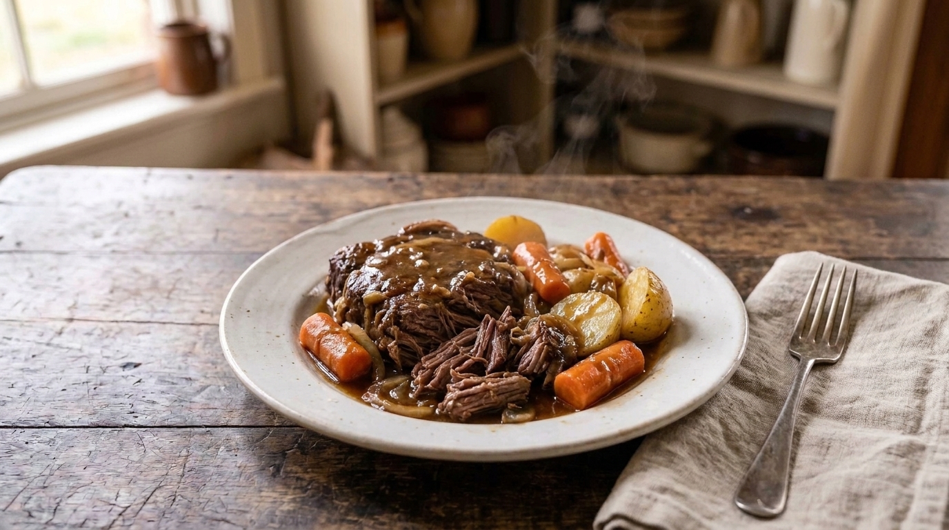 A plated serving of shredded beef pot roast with carrots and potatoes, covered in brown gravy, on a simple white plate at a cozy dinner table setting
