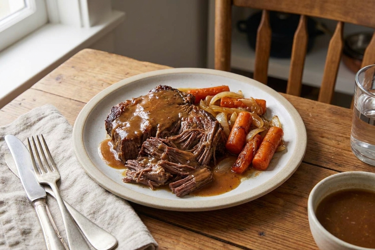 A plated serving of shredded chuck roast topped with gravy alongside braised carrots and onions on a simple dinner plate at a cozy table setting
