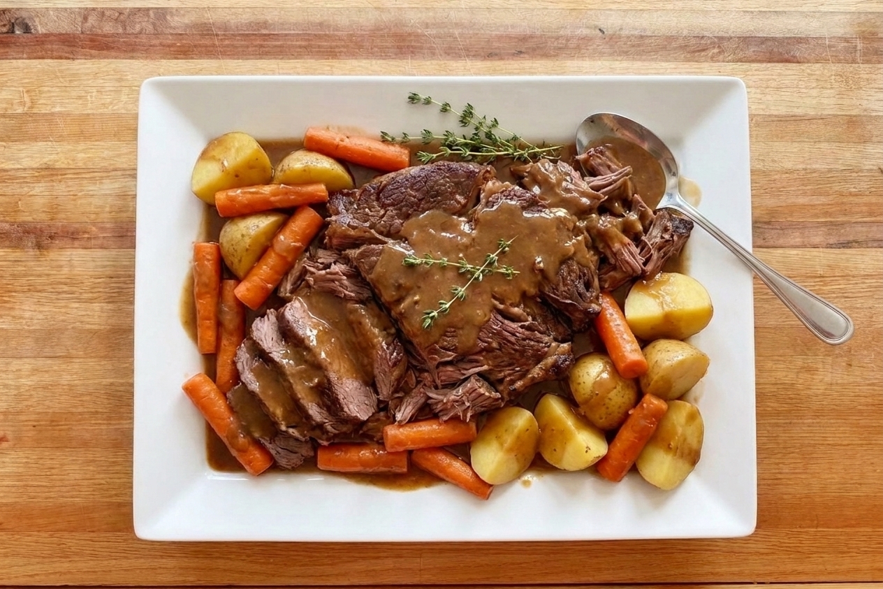 A plated serving of shredded chuck roast with carrots and potatoes, covered in rich brown gravy on a simple white dinner plate
