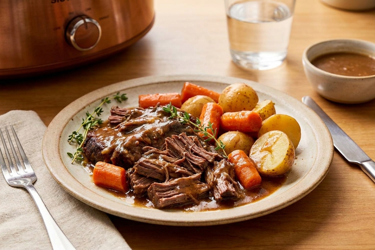 A plated serving of shredded chuck roast with carrots and potatoes covered in rich brown gravy on a simple dinner table setting