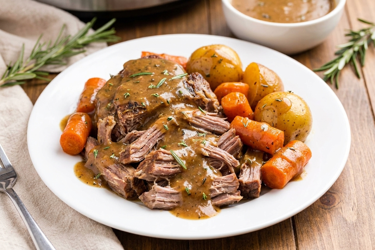 A plated serving of shredded pork roast with carrots and potatoes covered in thick herb gravy on a white plate at a dinner table