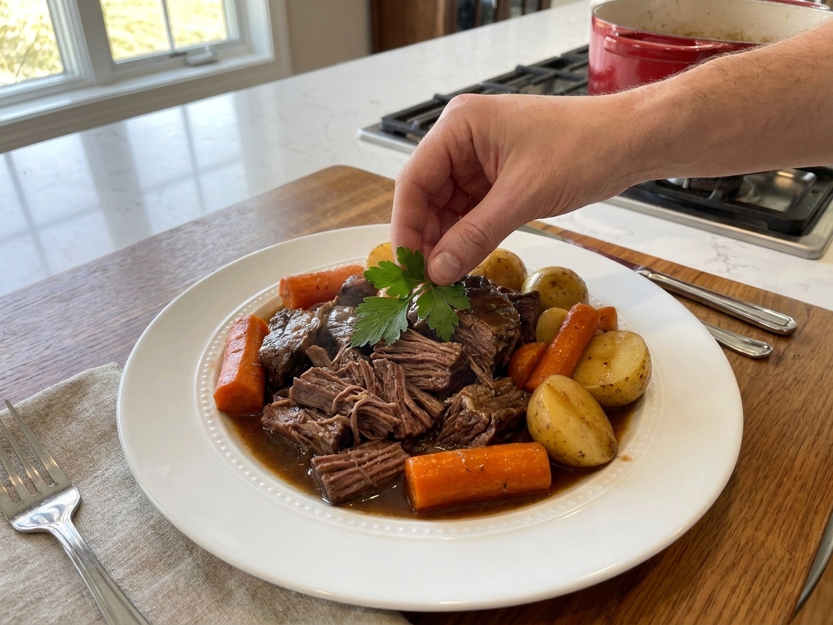 A plated serving of shredded pot roast with carrots and potatoes, topped with gravy on a white dinner plate at a cozy table setting