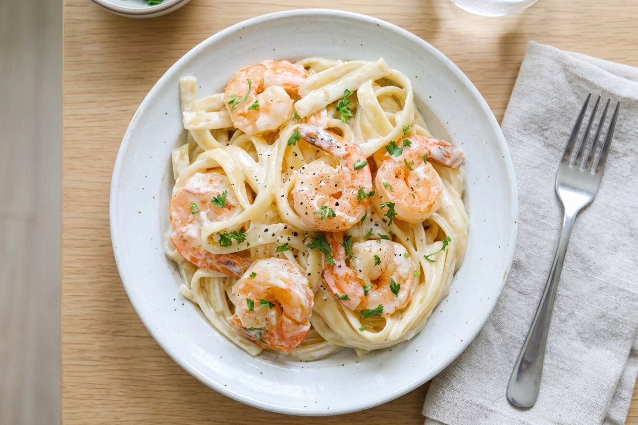 A plated serving of shrimp Alfredo pasta on a ceramic plate with parsley and black pepper, set on a simple dinner table with a fork and napkin