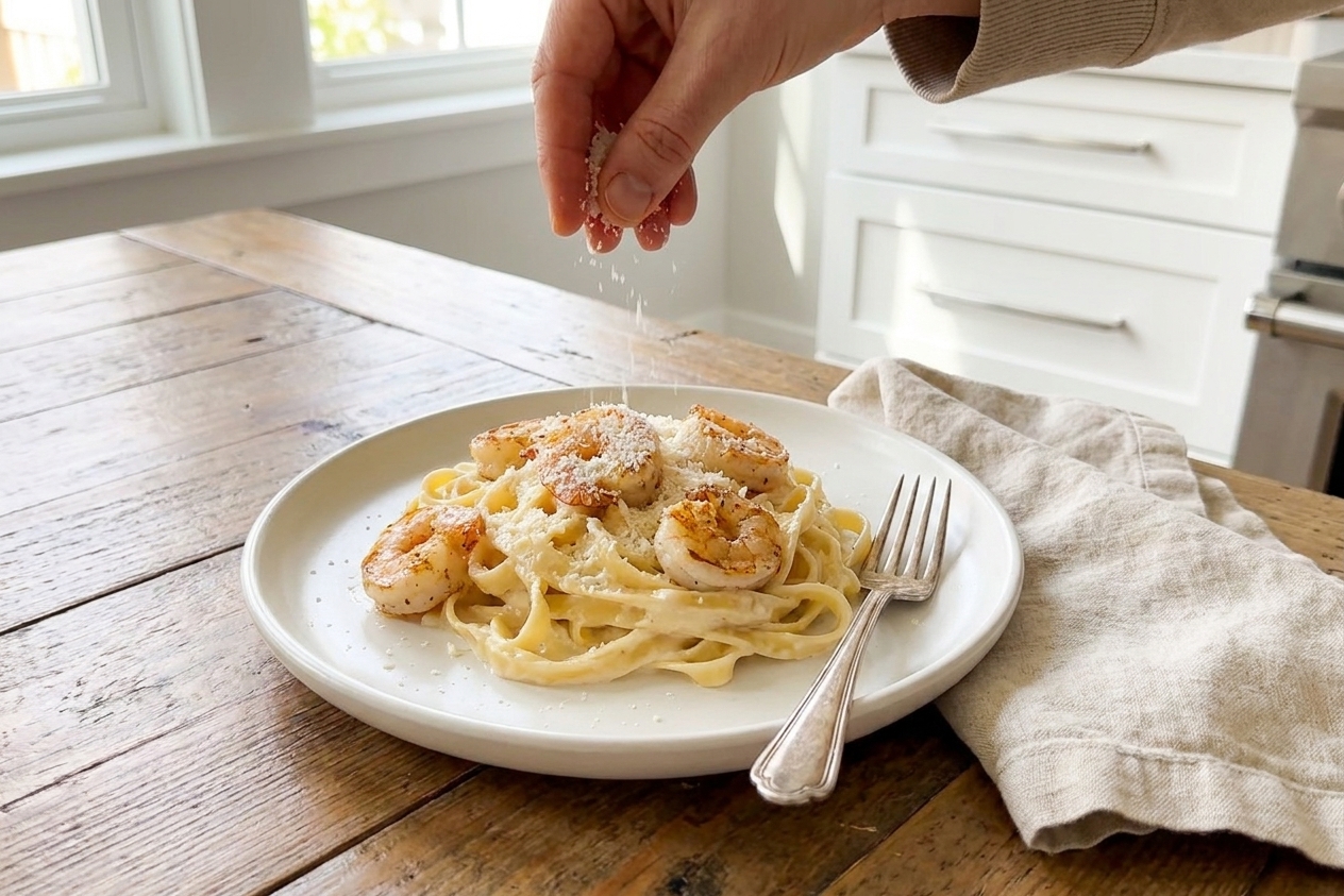 A plated serving of shrimp fettuccine Alfredo on a white plate with a fork, grated Parmesan, and a simple linen napkin on a dinner table