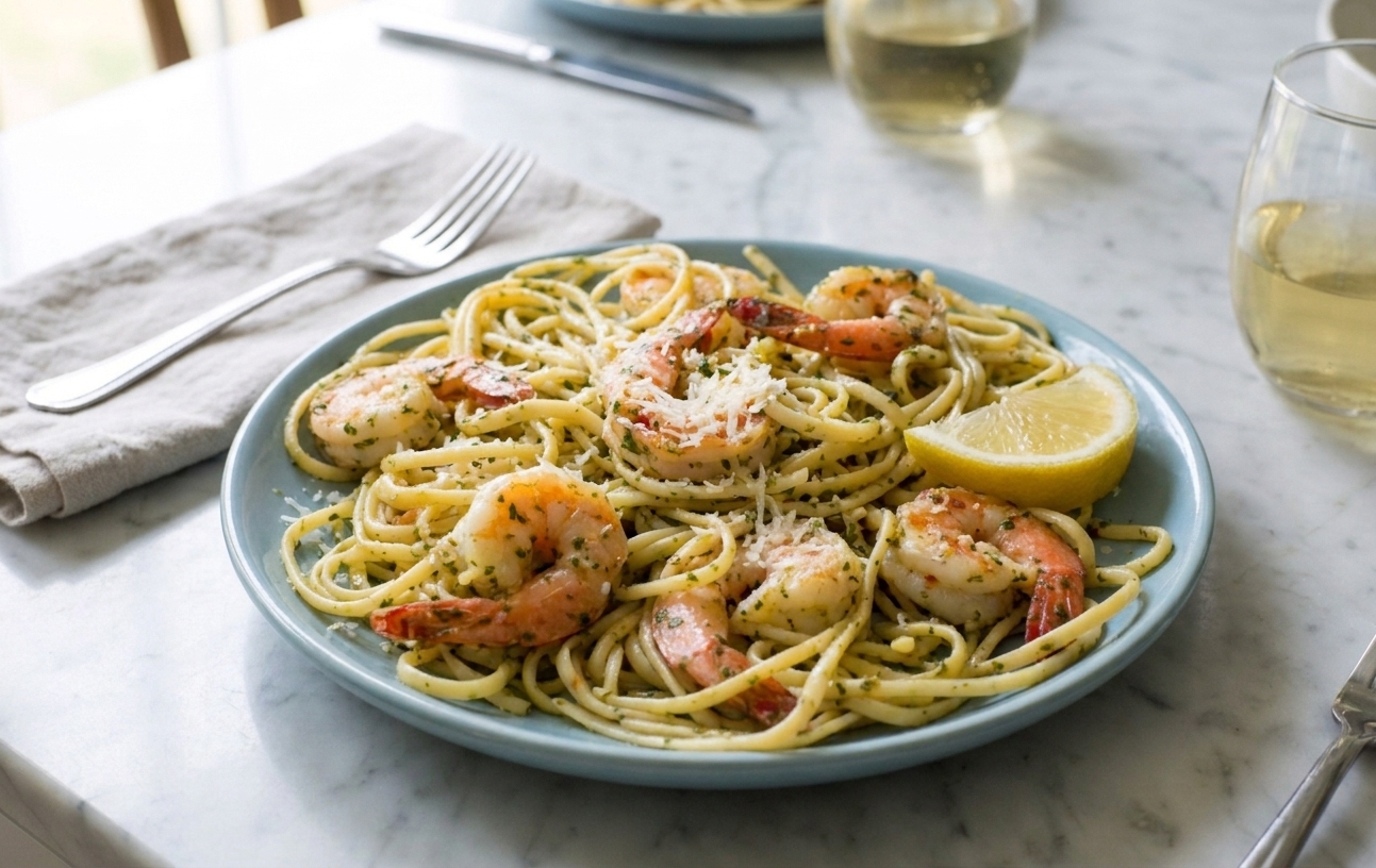 A plated serving of shrimp linguine topped with parsley and grated Parmesan on a dinner table with simple place settings