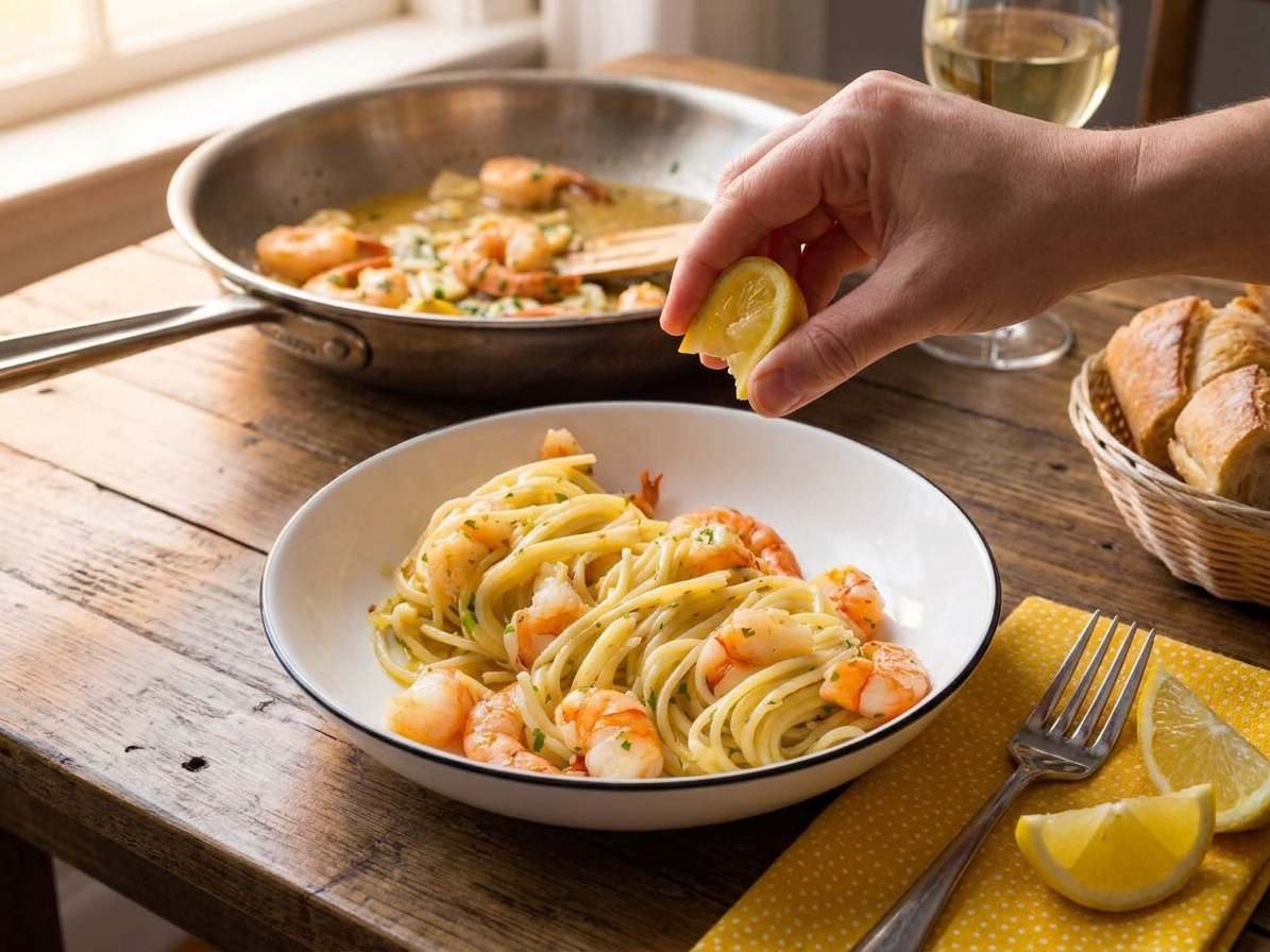 A plated serving of shrimp scampi with lemon wedges and a fork on a simple dinner table setting with warm lighting