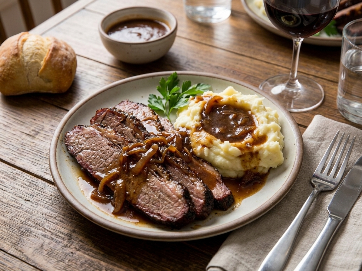A plated serving of sliced brisket with mashed potatoes and onion gravy on a simple dinner table setting