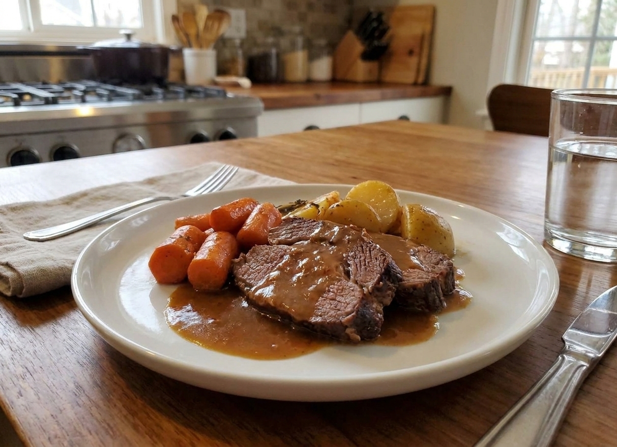A plated serving of sliced chuck roast with carrots and potatoes, covered in brown gravy on a white plate at a simple dinner table setting