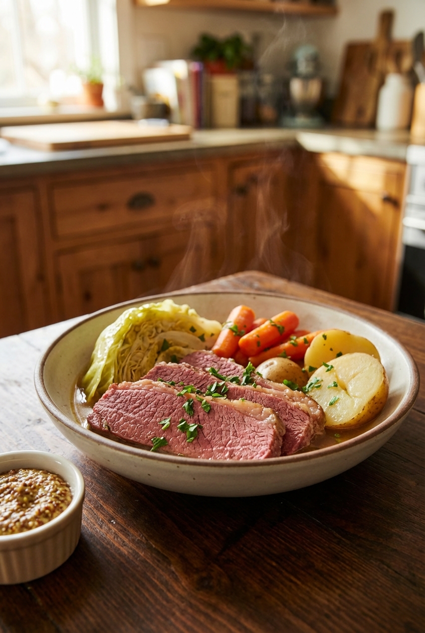 A plated serving of sliced corned beef with cabbage, carrots, and potatoes in a shallow bowl