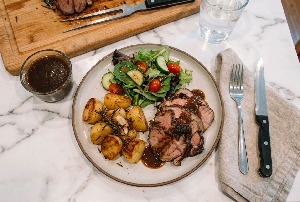 A plated serving of sliced deboned leg of lamb with lemony pan sauce, roasted potatoes, and a simple green salad on a dinner table