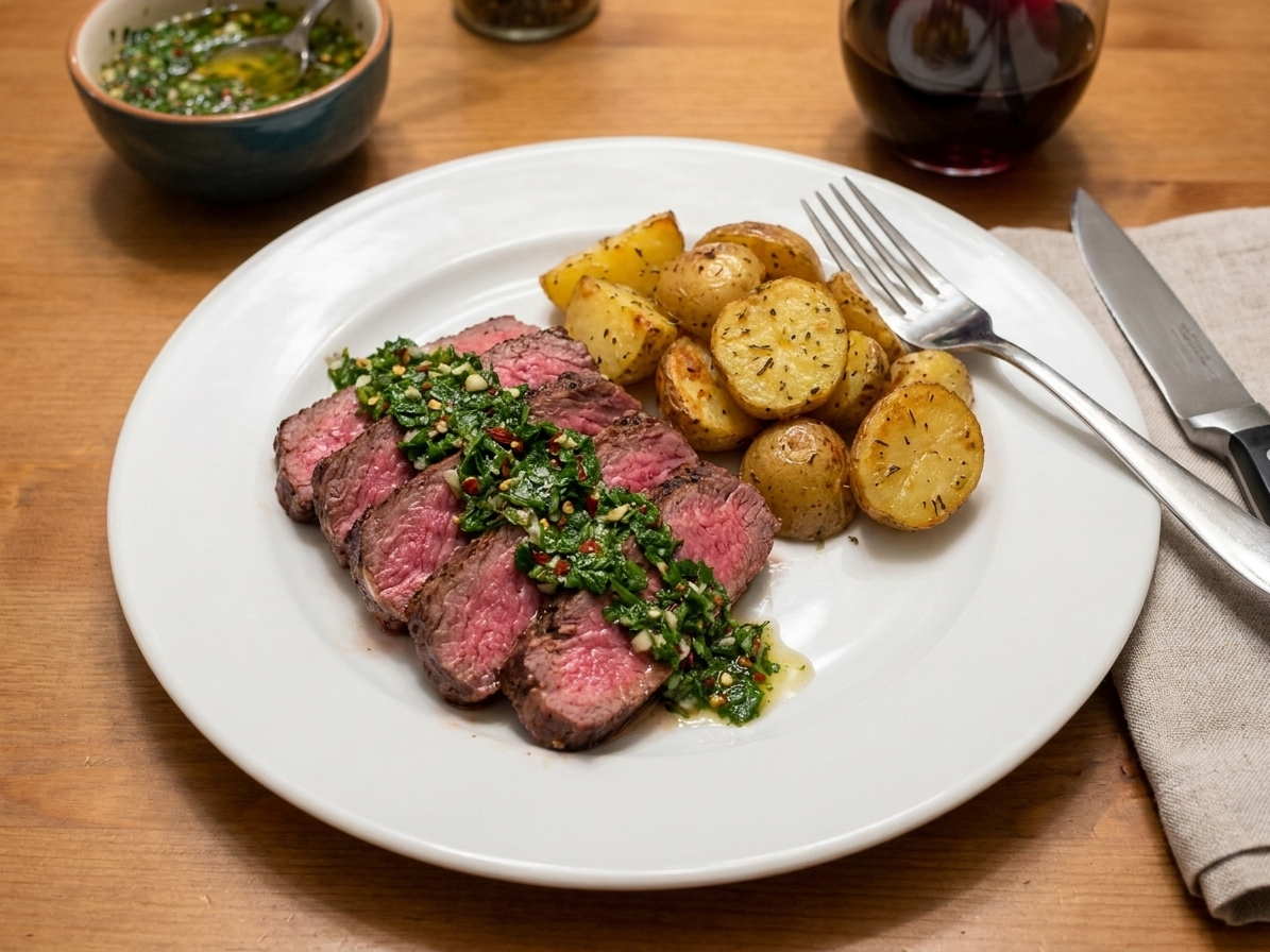 A plated serving of sliced flat iron steak topped with chimichurri next to roasted potatoes on a simple dinner table setting