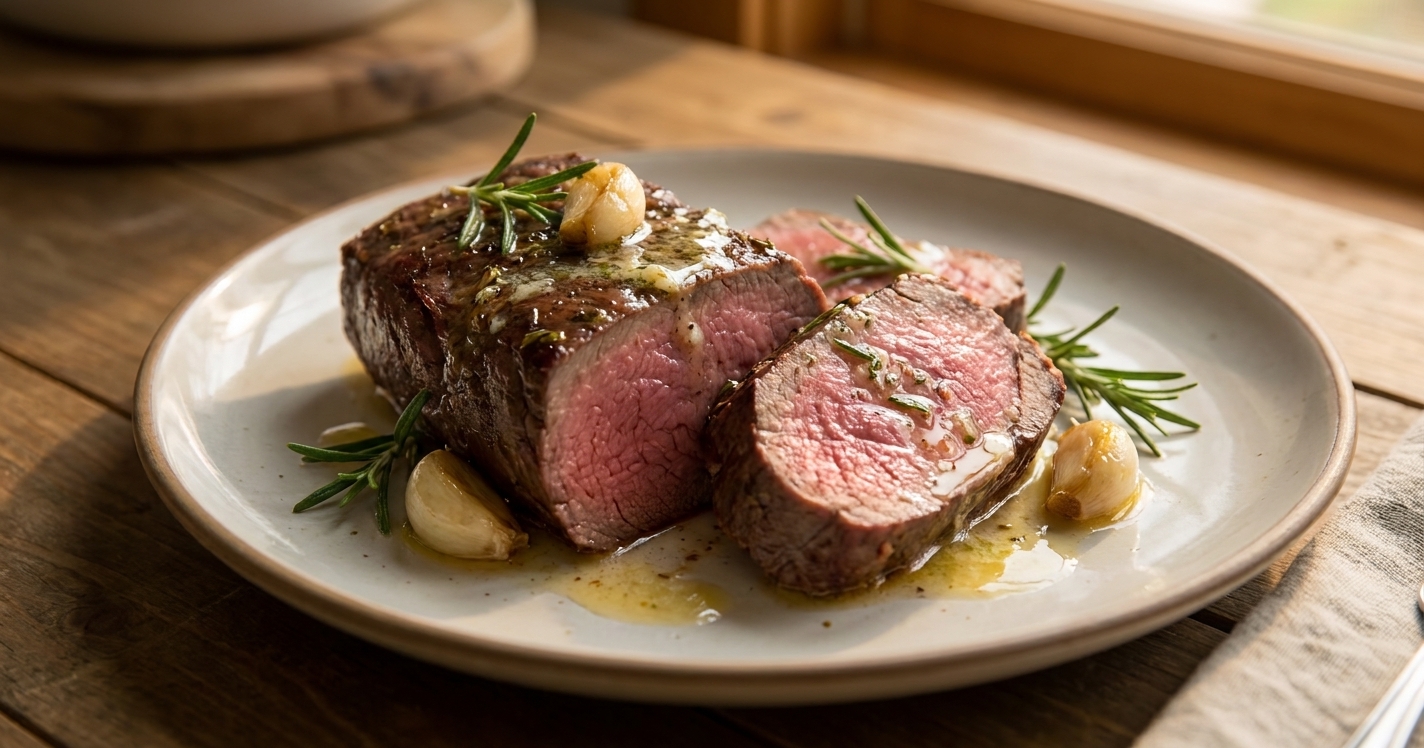 A plated serving of sliced medium-rare venison backstrap with rosemary sprigs and glossy garlic butter on a simple dinner plate at a warmly lit table