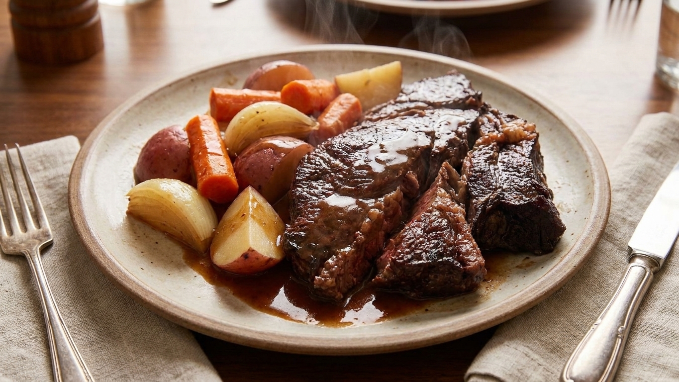 A plated serving of sliced pot roast with carrots and potatoes, topped with rich brown gravy on a rustic plate at a dinner table