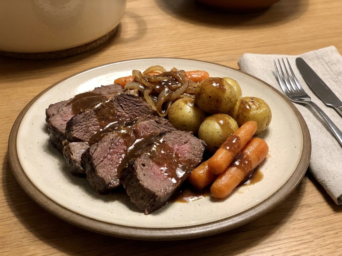A plated serving of sliced pot roast with carrots and potatoes, topped with rich brown gravy on a simple dinner table