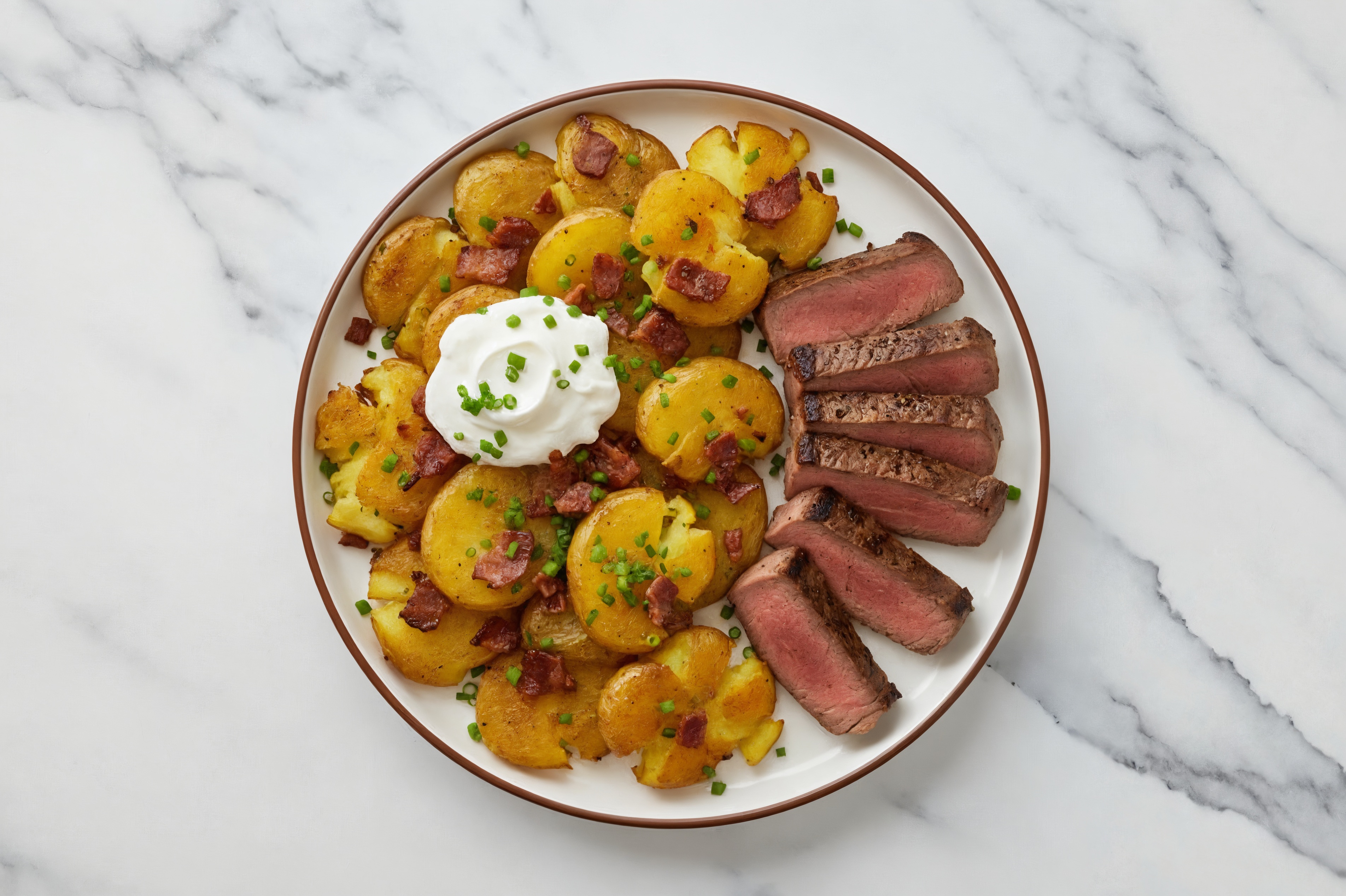 A plated serving of sliced seared steak with crispy golden potatoes and a spooned-over pan sauce on a simple dinner plate
