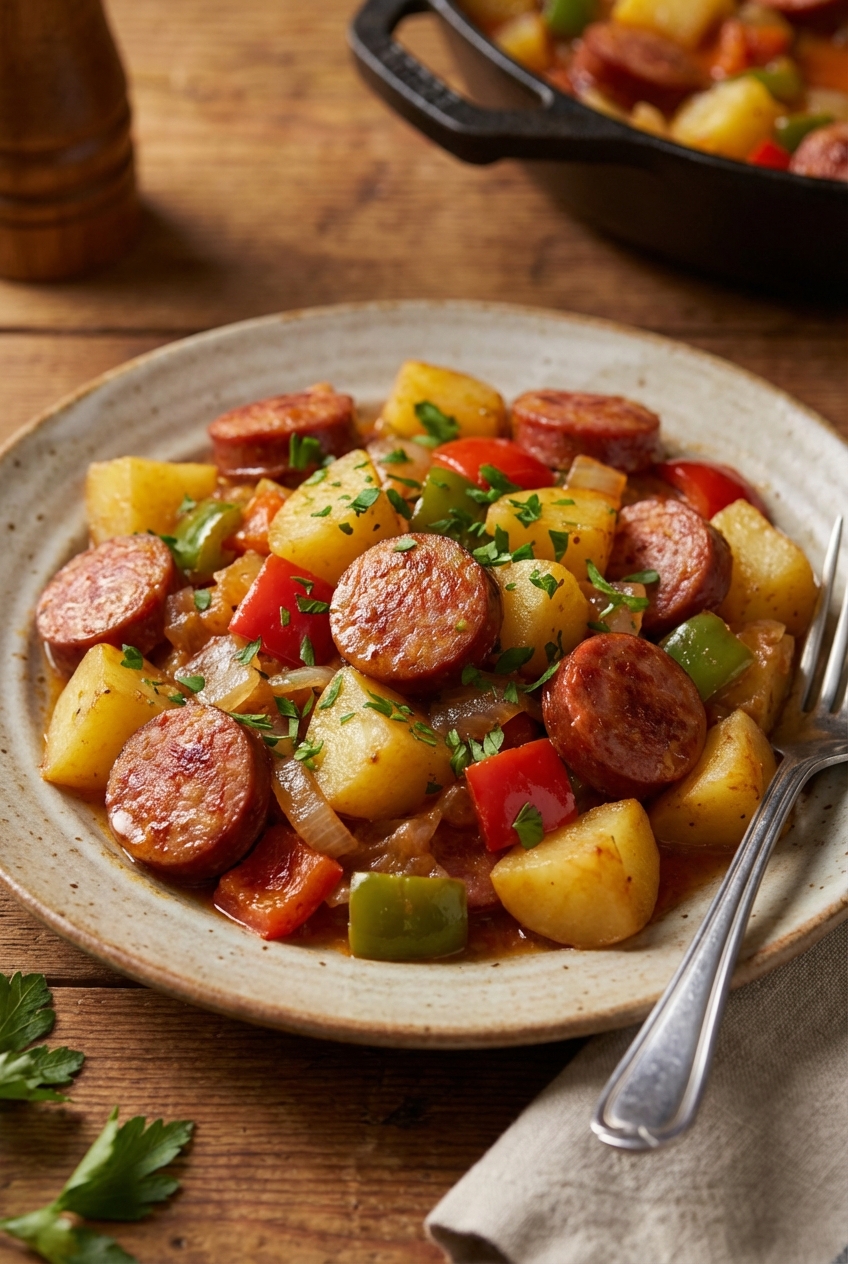 A plated serving of smoked sausage skillet with potatoes and peppers, garnished with parsley