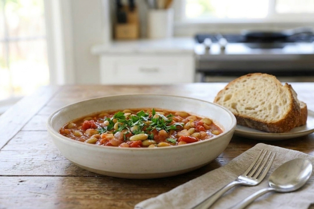 A plated serving of smoky tomato lima beans garnished with parsley with crusty bread on the side on a simple dinner table