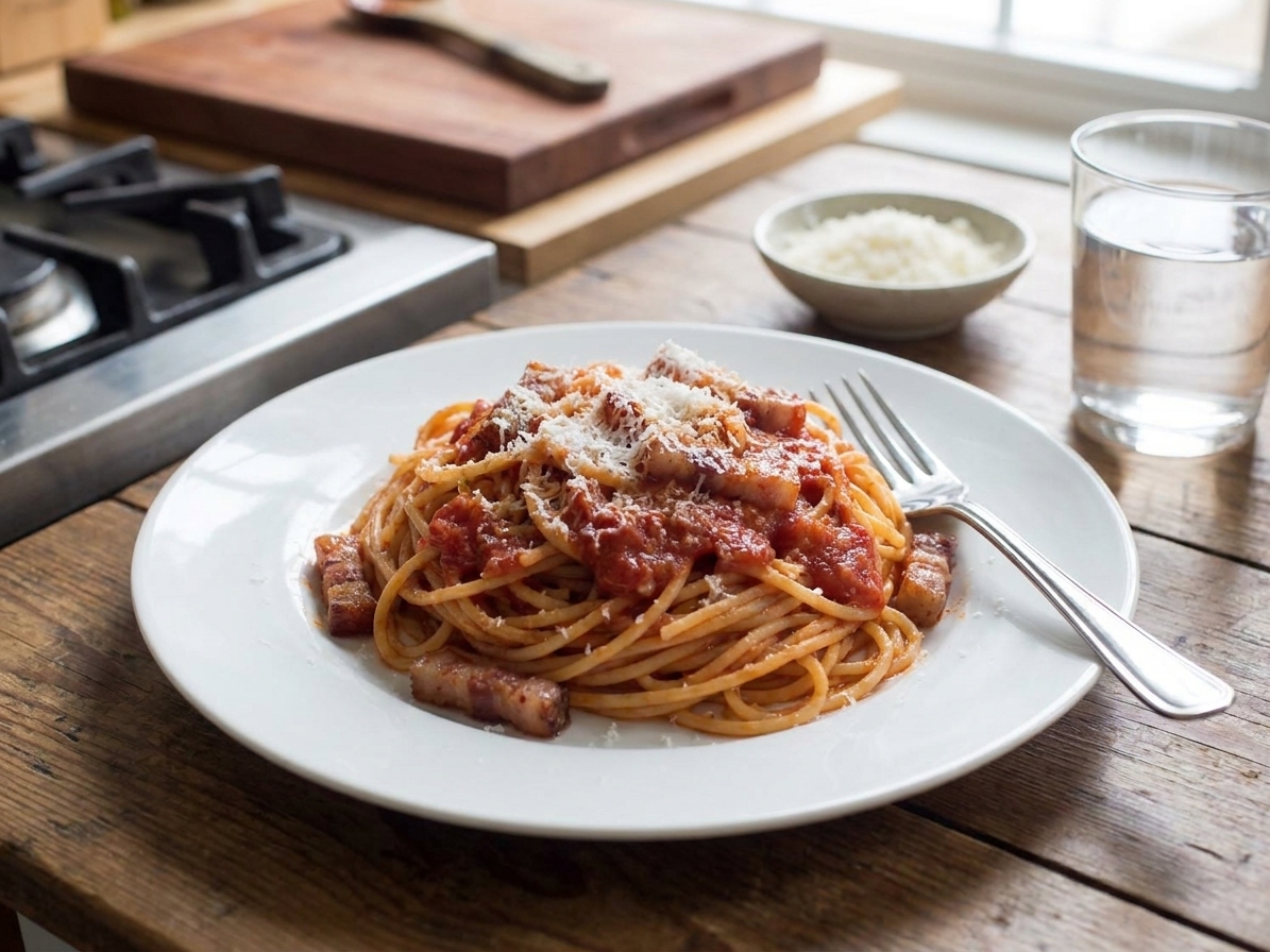 A plated serving of spaghetti all’amatriciana on a white plate at a simple dinner table setting with a fork, grated Pecorino, and a glass of water nearby