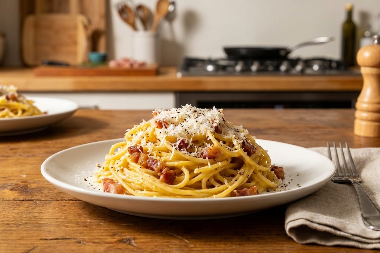 A plated serving of spaghetti carbonara topped with grated Parmesan and cracked black pepper on a simple white plate at a dinner table