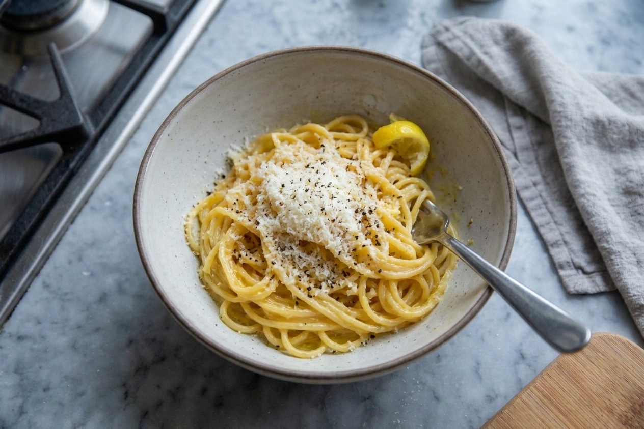 A plated serving of spaghetti coated in creamy sauce topped with extra Parmesan and cracked black pepper on a simple table setting