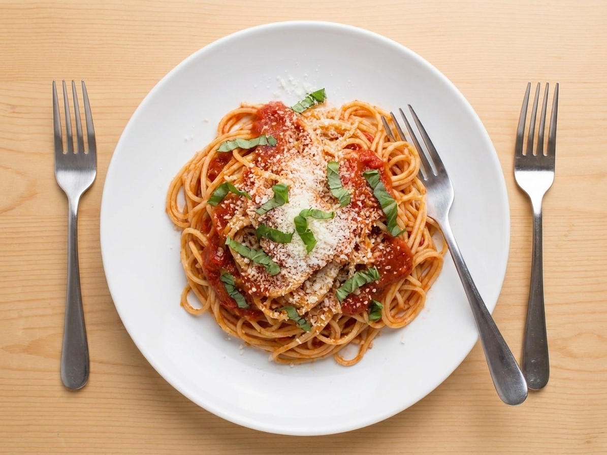 A plated serving of spaghetti in tomato sauce topped with grated Parmesan and torn basil on a simple dinner table with forks