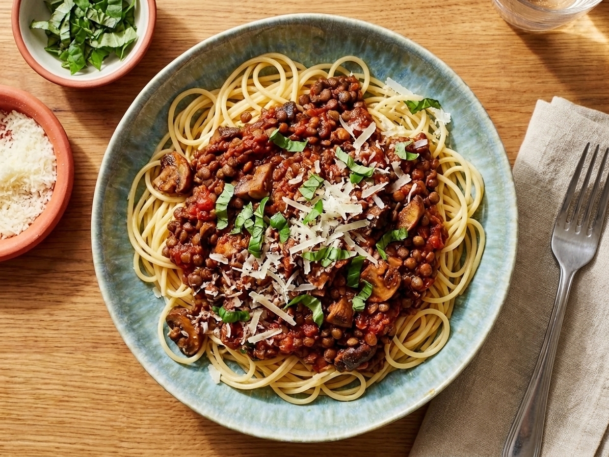 A plated serving of spaghetti topped with thick lentil bolognese and a sprinkle of chopped herbs on a simple dinner table place setting