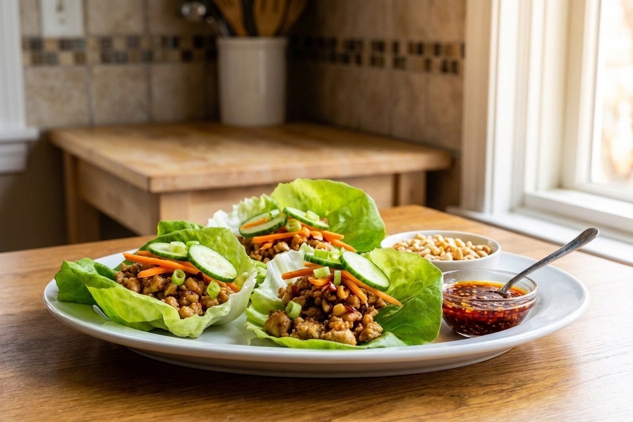 A plated serving of spicy chicken lettuce wraps with butter lettuce cups filled with saucy ground chicken, shredded carrots, cucumbers, and sliced scallions on a wooden table in warm natural light