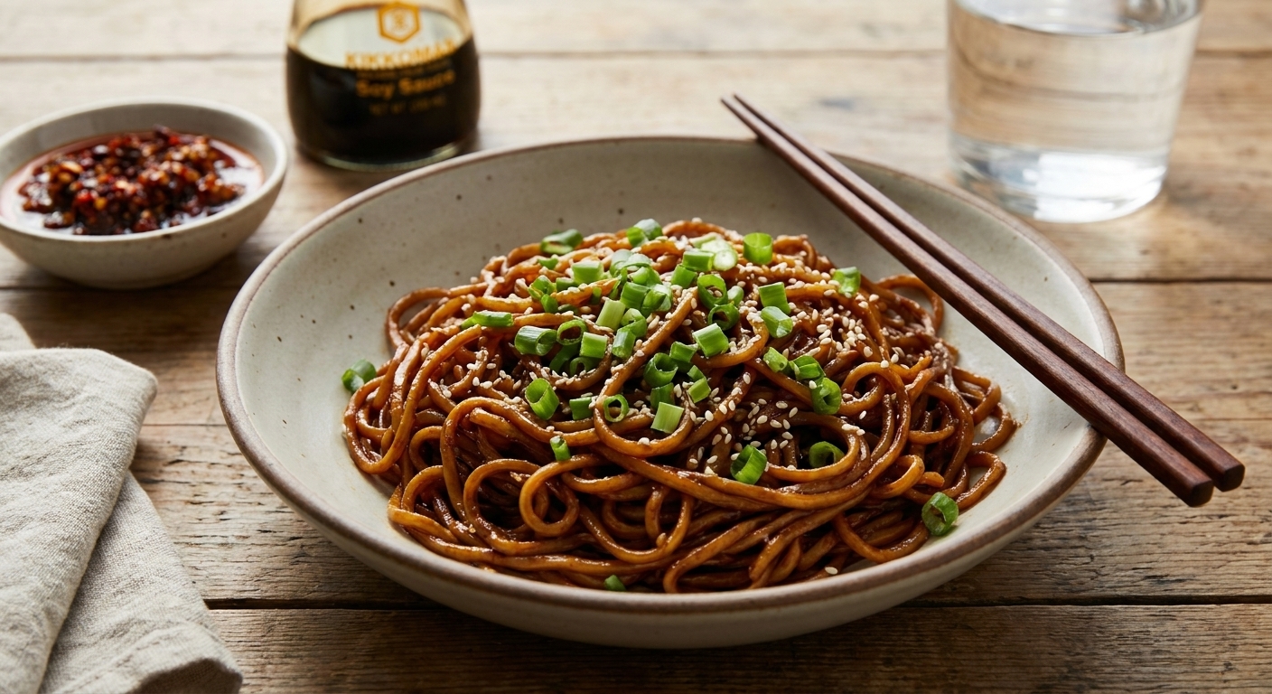 A plated serving of spicy garlic Chinese noodles in a shallow bowl, topped with scallions and sesame seeds on a simple dinner table setting