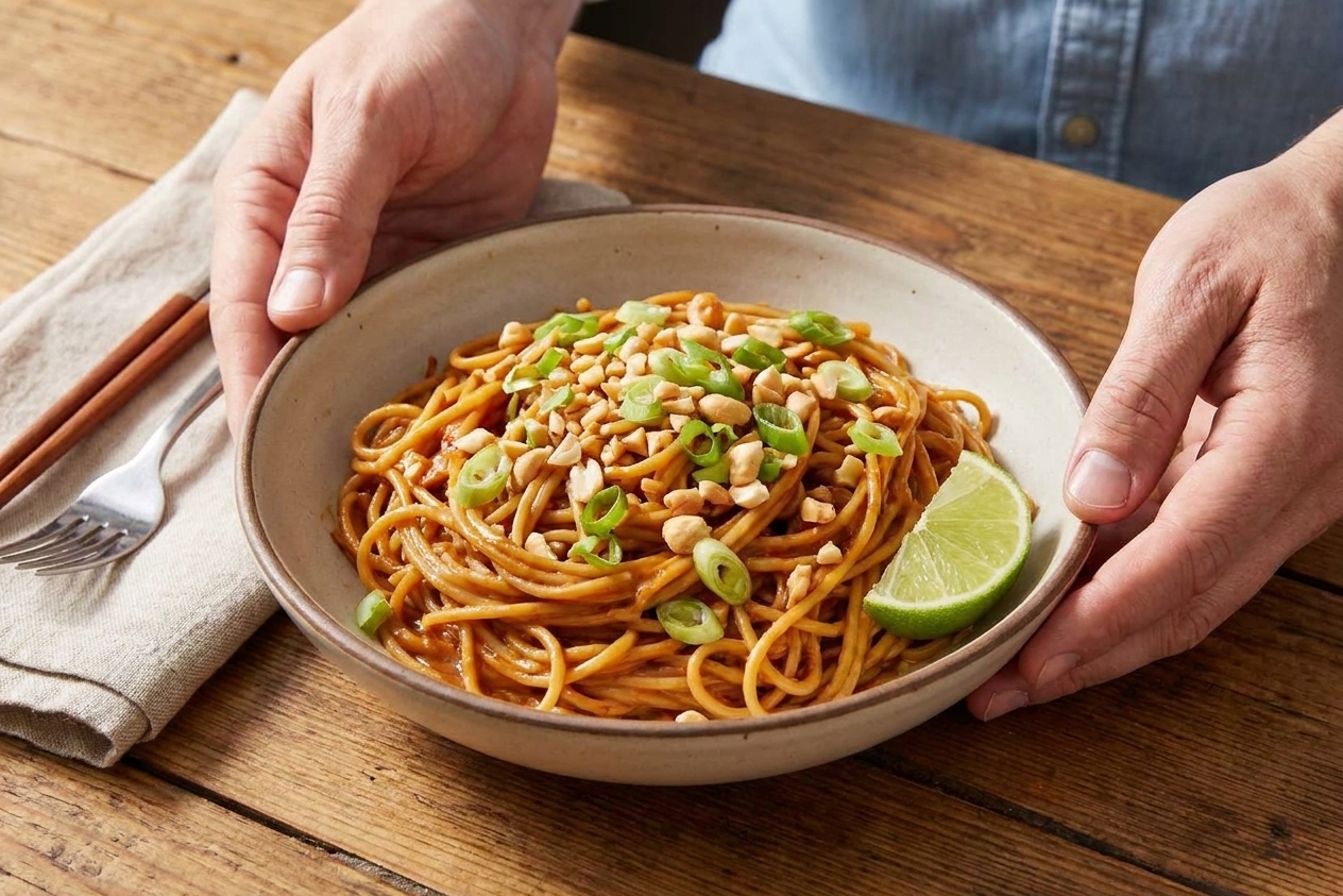 A plated serving of spicy peanut rice noodes in a shallow bowl with chopped peanuts and a lime wedge on a simple dinner table