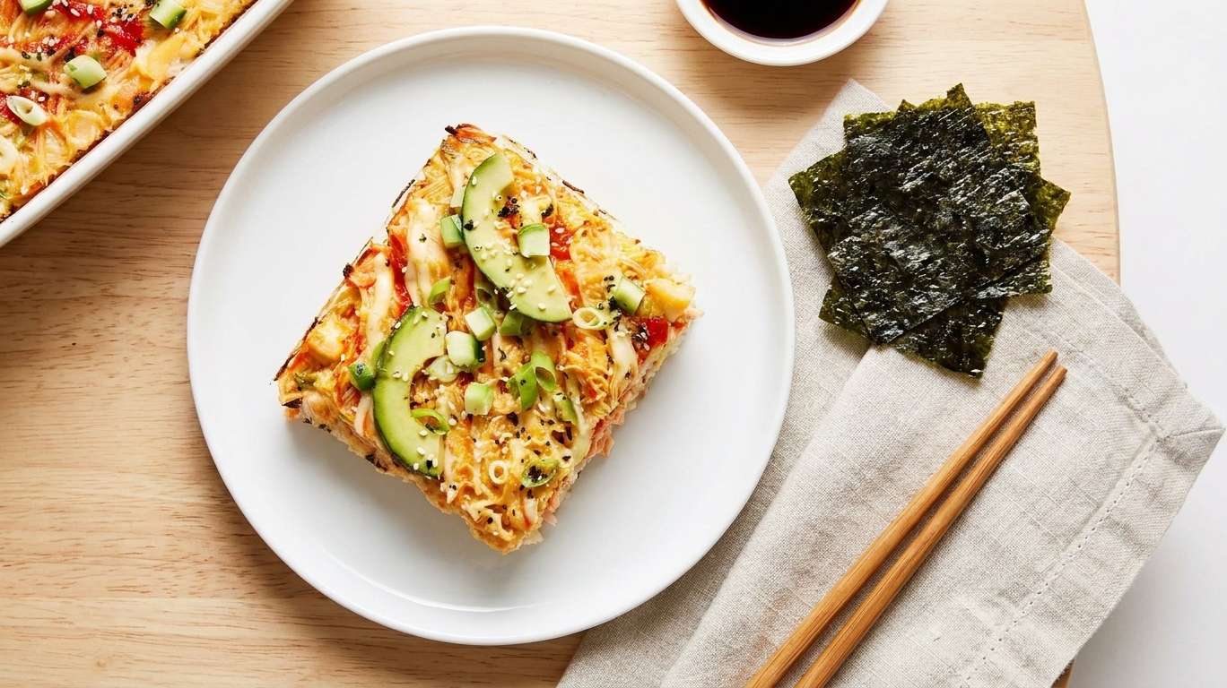 A plated serving of spicy salmon baked sushi topped with cucumber and avocado next to cut nori sheets on a simple dinner table setting