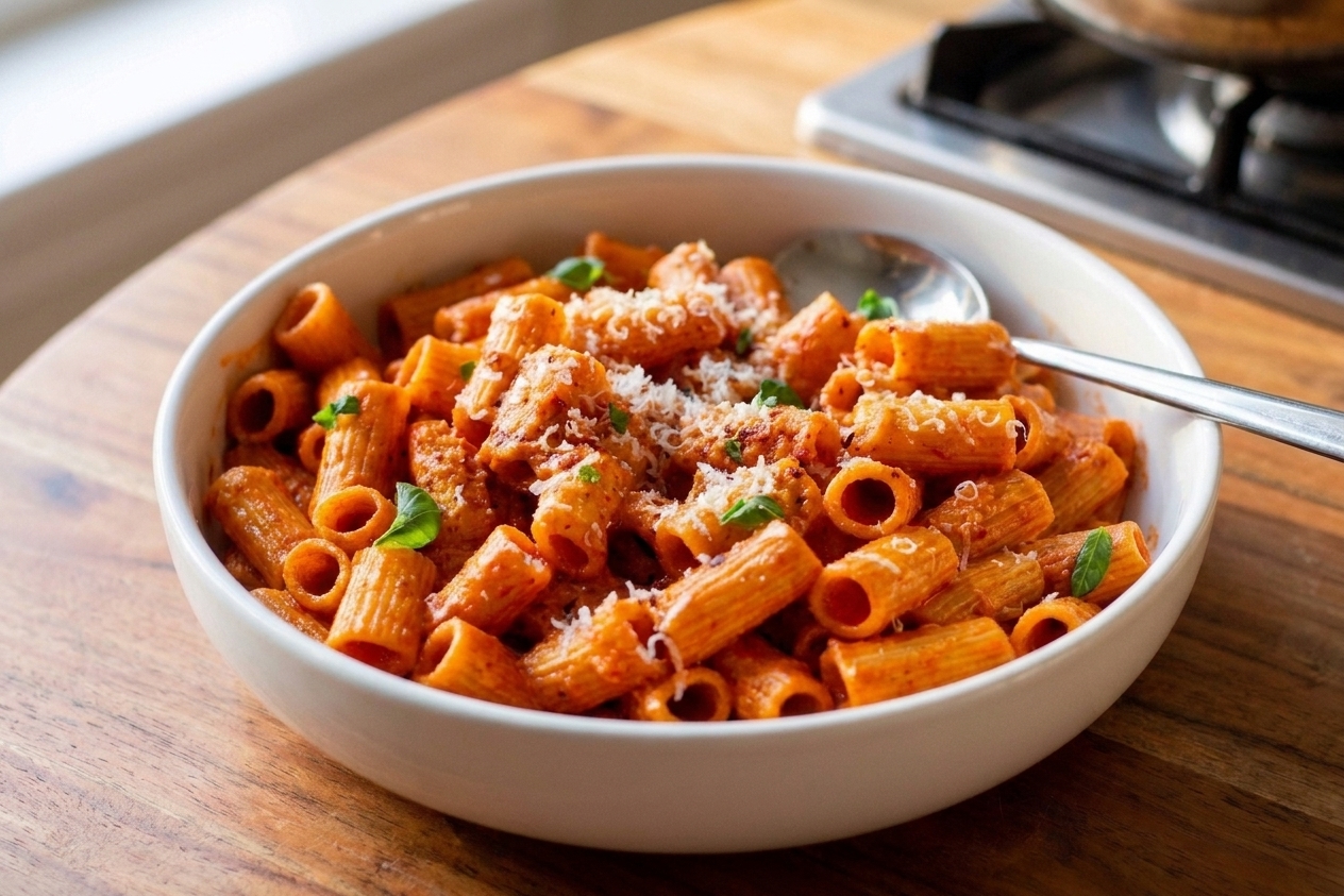 A plated serving of spicy sausage vodka rigatoni with grated Parmesan and fresh basil on top, set at a simple dinner table