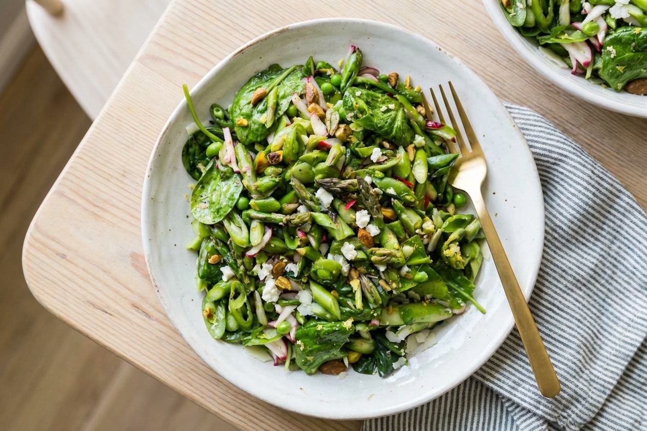 A plated serving of spring salad on a ceramic plate with a fork beside it on a light wood dining table in soft natural light