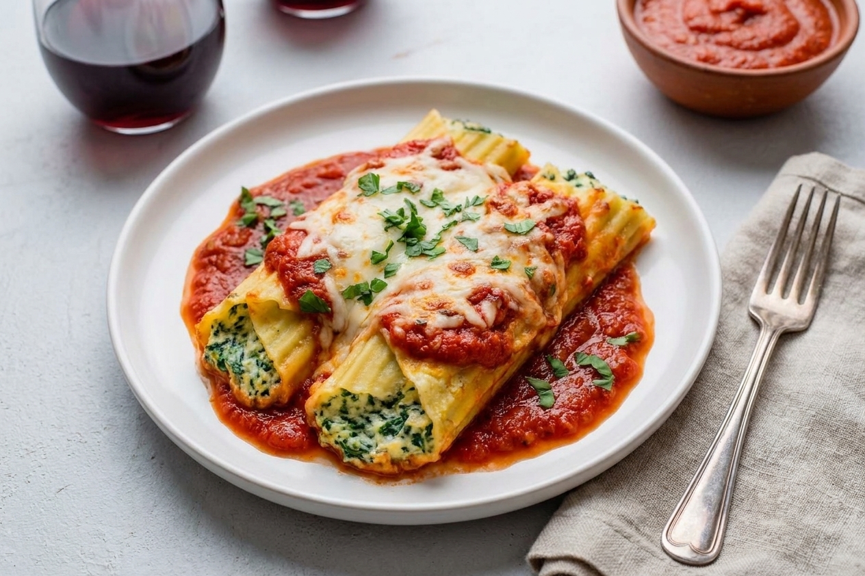 A plated serving of stuffed manicotti with marinara and melted mozzarella, garnished with basil on a dinner table with a fork and napkin
