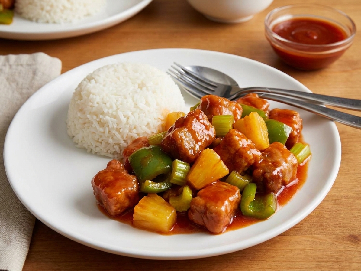 A plated serving of sweet and sour pork with sauce, pineapple chunks, bell peppers, and steamed rice on a simple dinner table with warm kitchen lighting