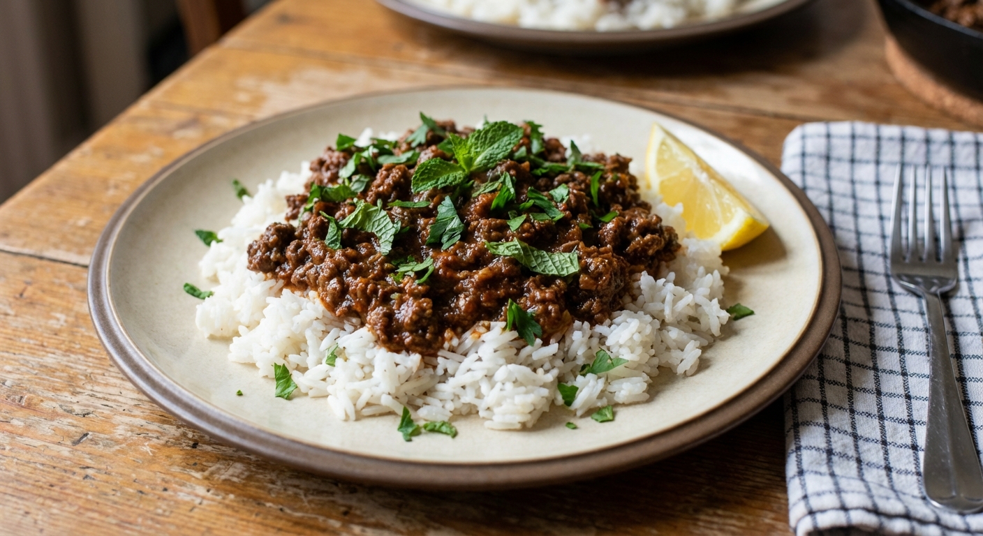 A plated serving of tangy sweet ground lamb over rice with herbs and a lemon wedge